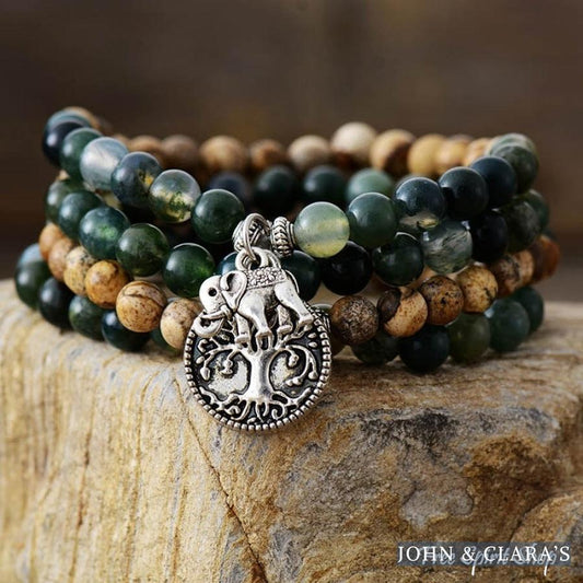 108 Green Moss Agate & Picture Jasper Elephant Mala Bead Bracelet