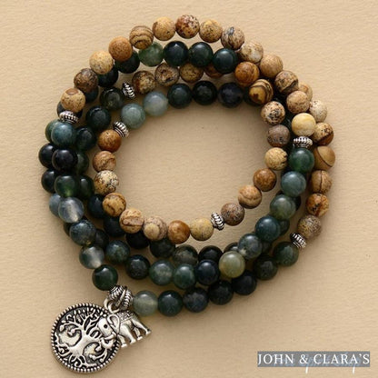 108 Green Moss Agate & Picture Jasper Elephant Mala Bead Bracelet