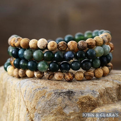 108 Green Moss Agate & Picture Jasper Elephant Mala Bead Bracelet