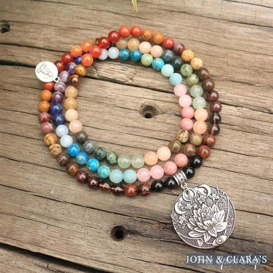 108 Natural 7 Chakra Gemstone Mala Bead Necklace