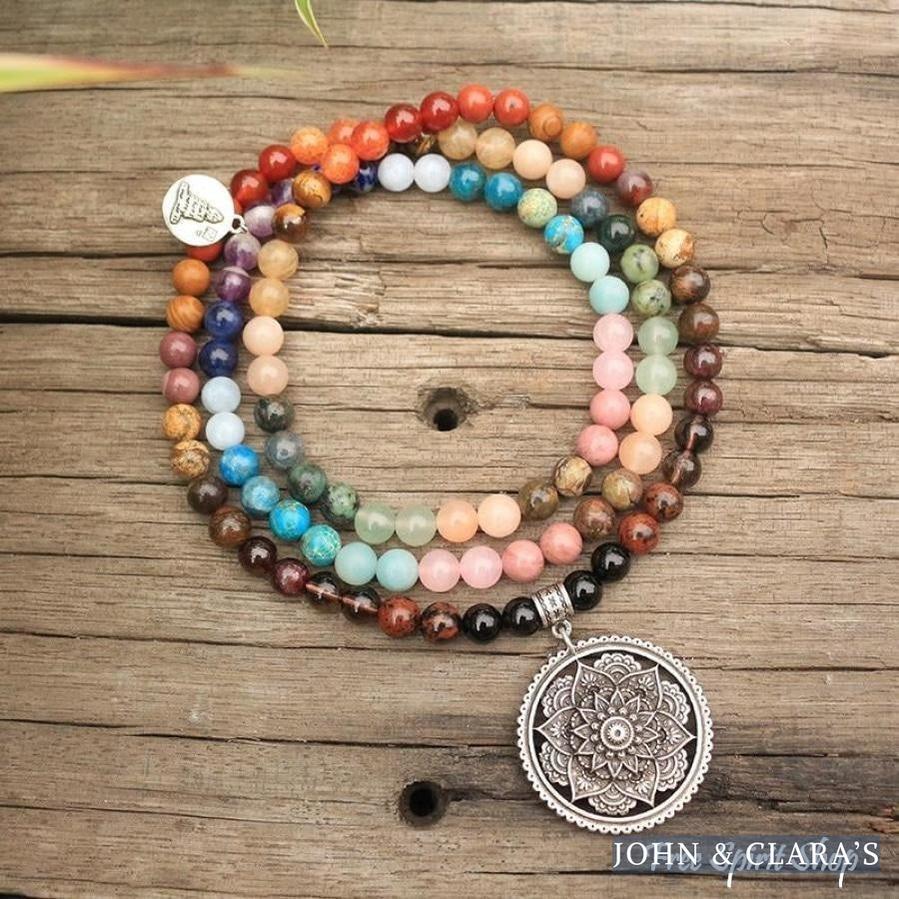 108 Natural 7 Chakra Gemstone Mala Bead Necklace