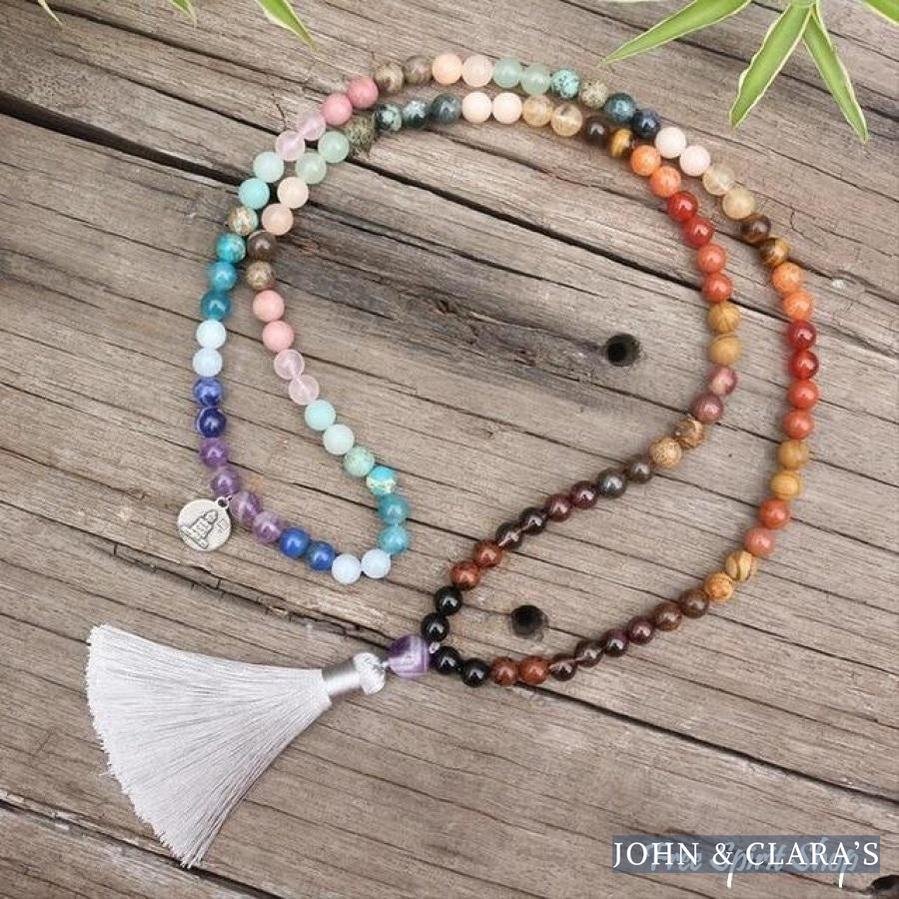 108 Natural 7 Chakra Gemstone Mala Bead Necklace