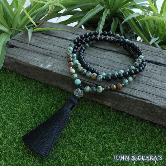 108 Natural African Turquoise & Black Onyx Mala Bead Necklace