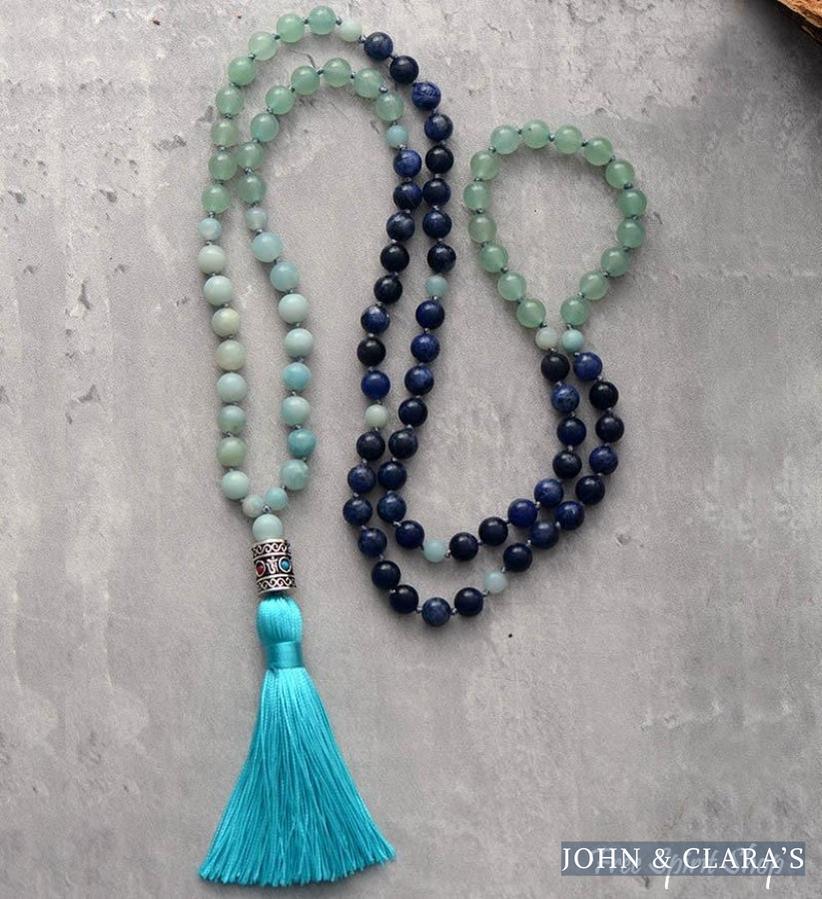 108 Natural Amazonite & Blue Sodalite Mala Bead Necklace