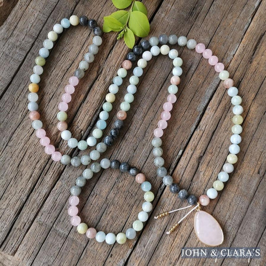 108 Natural Amazonite Labradorite & Rose Quartz Mala Necklace