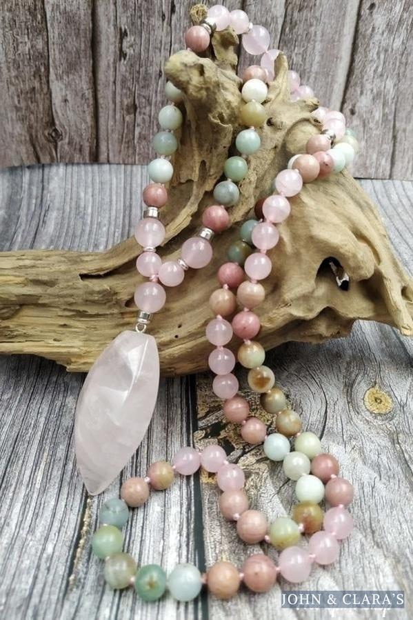 108 Natural Amazonite Rose Quartz & Rhodonite Mala Necklace