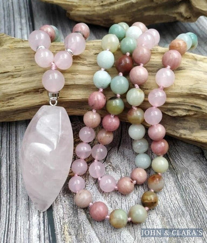 108 Natural Amazonite Rose Quartz & Rhodonite Mala Necklace