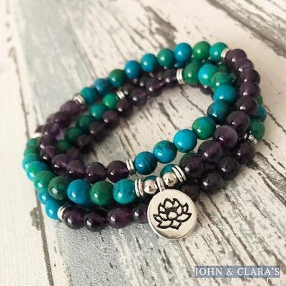 108 Natural Amethyst & Chrysocolla Mala Bead Bracelet