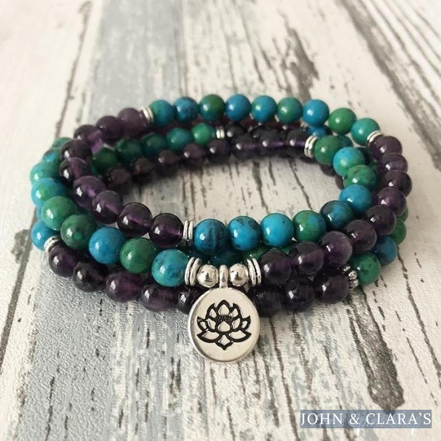 108 Natural Amethyst & Chrysocolla Mala Bead Bracelet