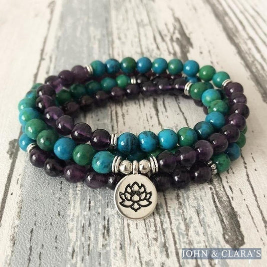 108 Natural Amethyst & Chrysocolla Mala Bead Bracelet