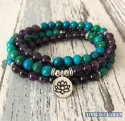 108 Natural Amethyst & Chrysocolla Mala Bead Bracelet