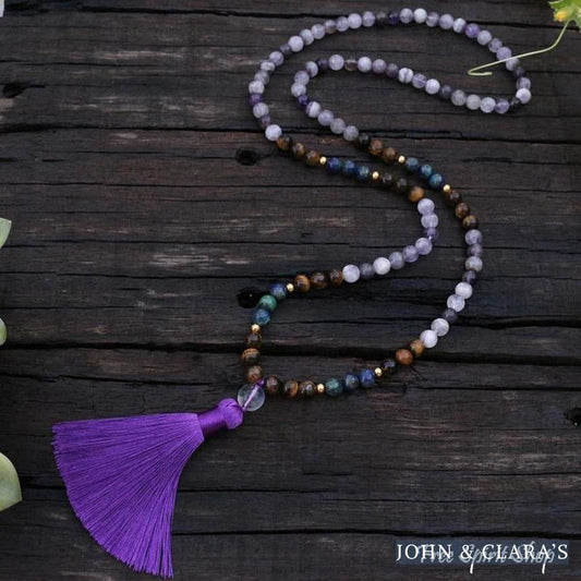 108 Natural Amethyst Crazy Lapis & Tiger Eye Gemstone Bead Mala Necklace