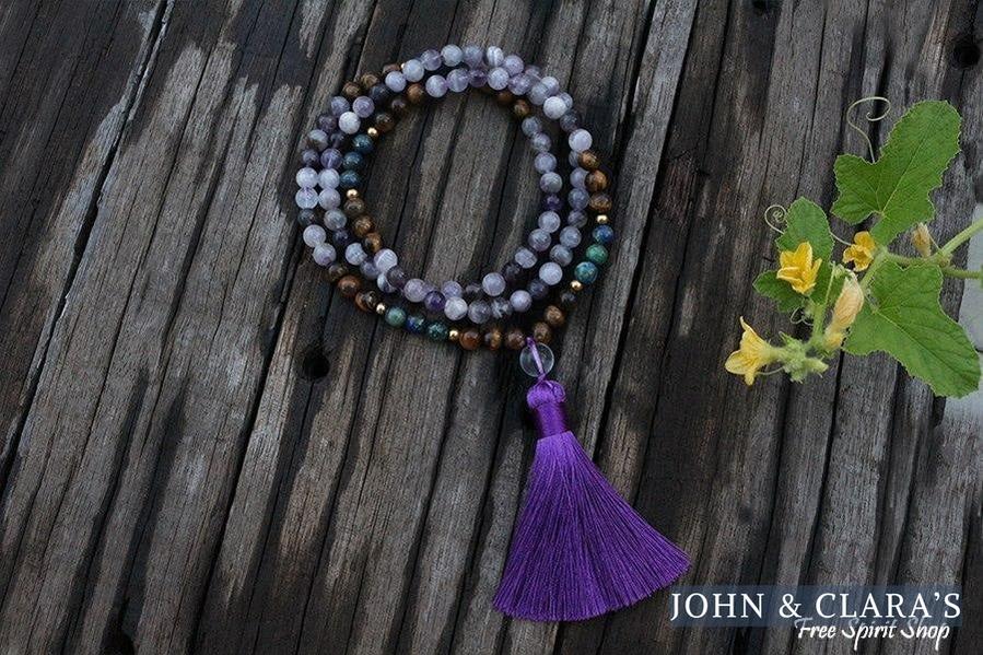 108 Natural Amethyst Crazy Lapis & Tiger Eye Gemstone Bead Mala Necklace