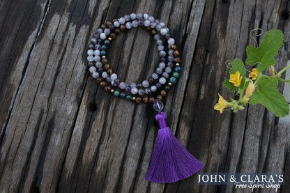 108 Natural Amethyst Crazy Lapis & Tiger Eye Gemstone Bead Mala Necklace