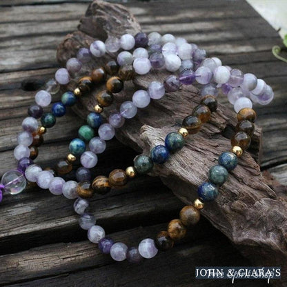 108 Natural Amethyst Crazy Lapis & Tiger Eye Gemstone Bead Mala Necklace