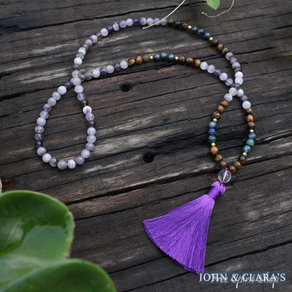 108 Natural Amethyst Crazy Lapis & Tiger Eye Gemstone Bead Mala Necklace
