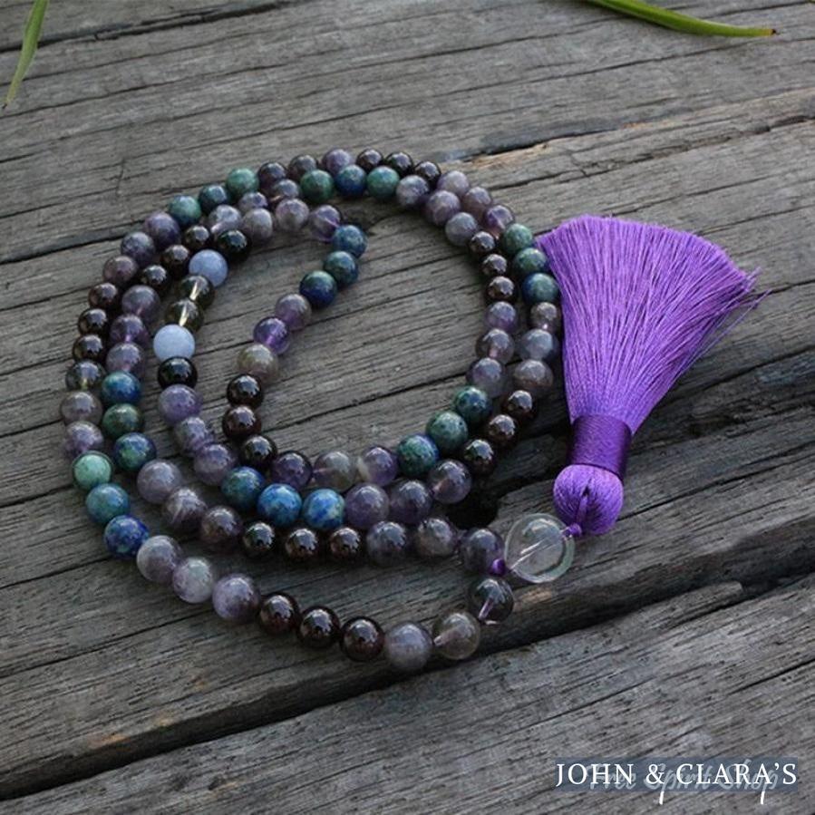 108 Natural Amethyst & Garnet Mala Bead Necklace / Bracelet