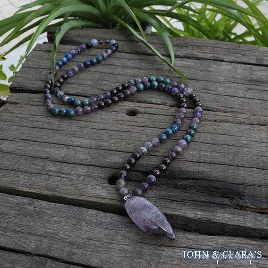 108 Natural Amethyst & Garnet Mala Bead Necklace / Bracelet