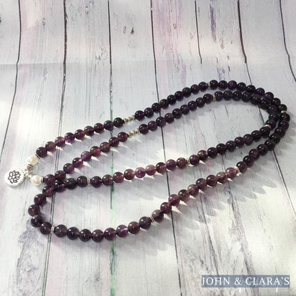 108 Natural Amethyst & Pearl Mala Bead Bracelet