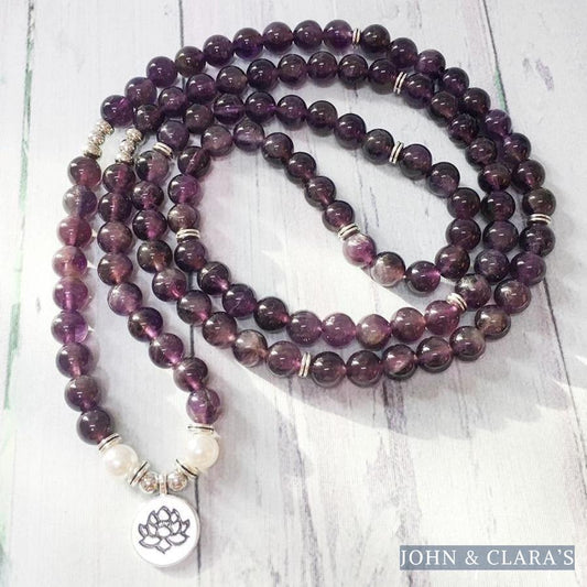 108 Natural Amethyst & Pearl Mala Bead Bracelet