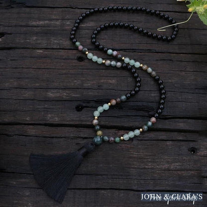 108 Natural Black Onyx, Indian Agate & Green Aventurine Gemstone Bead Mala Necklace