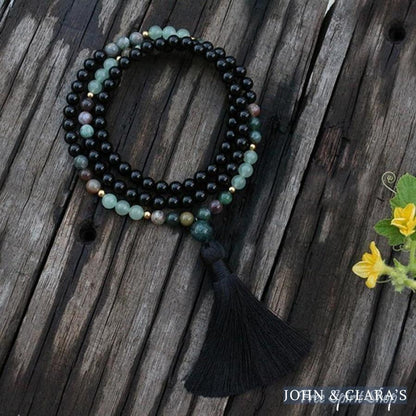 108 Natural Black Onyx, Indian Agate & Green Aventurine Gemstone Bead Mala Necklace