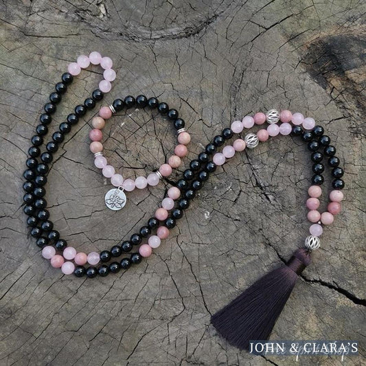 108 Natural Black Onyx Rhodonite & Rose Quartz Mala Beads