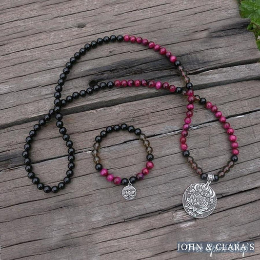 108 Natural Black Onyx Smoky Quartz & Rose Tiger Eye Mala Bead Necklace / Bracelet