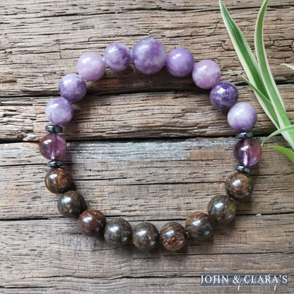 108 Natural Bronzite & Purple Lepidolite Mala Bead Necklace