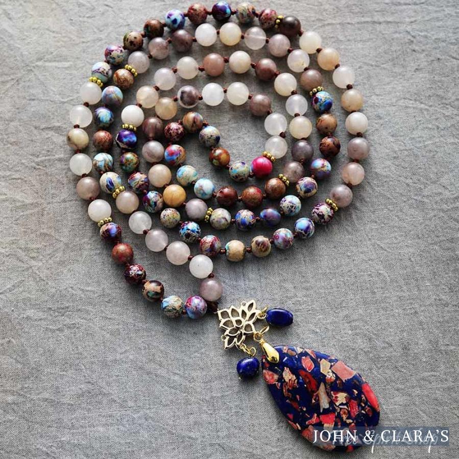 108 Natural Brown Agate & Purple Jasper Mala Bead Necklace