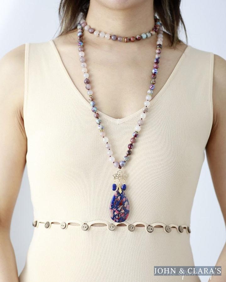 108 Natural Brown Agate & Purple Jasper Mala Bead Necklace