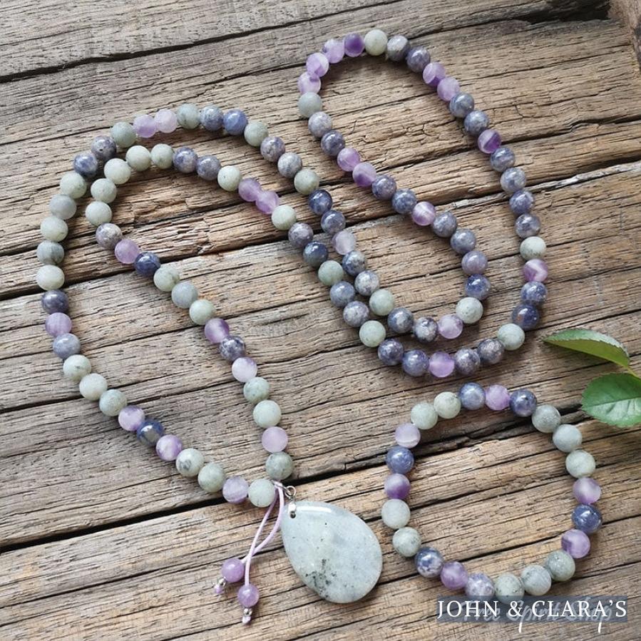 108 Natural Cordierite Amethyst & Labradorite Mala Bead Necklace