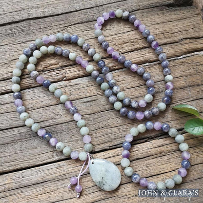 108 Natural Cordierite Amethyst & Labradorite Mala Bead Necklace