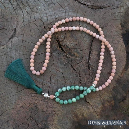 108 Natural Green Jadeite & Sand Stone Mala Bead Necklace / Bracelet