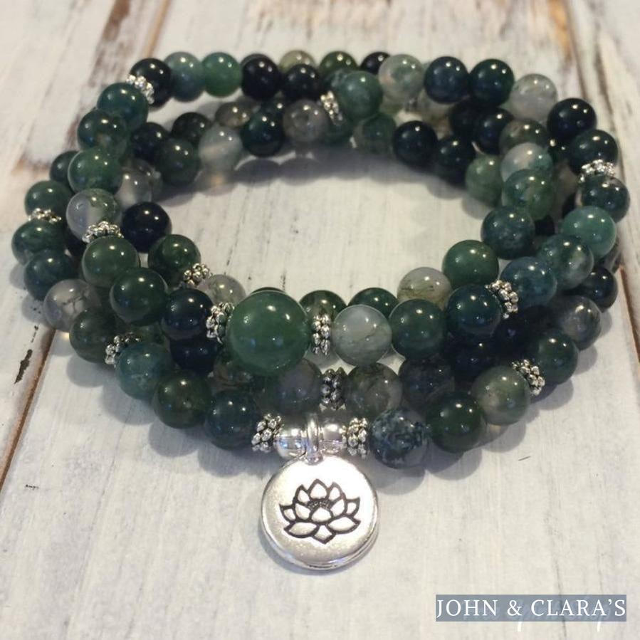 108 Natural Green Moss Agate Stone Mala Prayer Beads