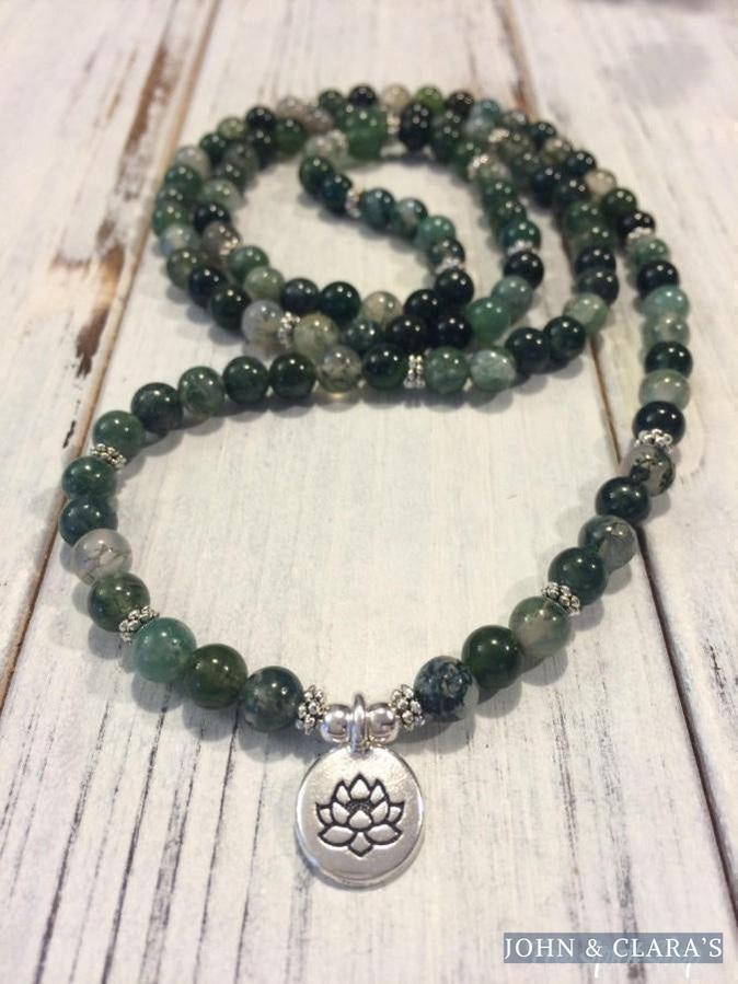 108 Natural Green Moss Agate Stone Mala Prayer Beads