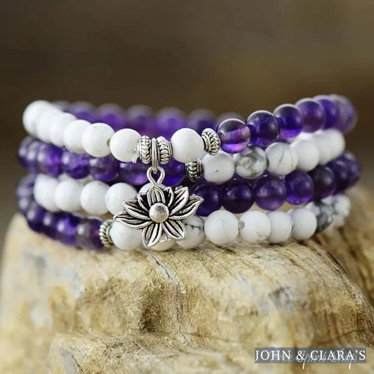 108 Natural Howlite & Amethyst Mala Bead Bracelet