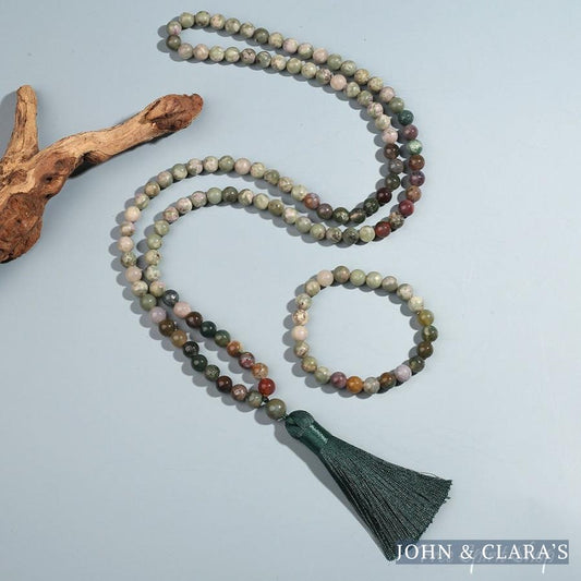 108 Natural Indian Agate & Green Jade Mala Bead Necklace & Bracelet