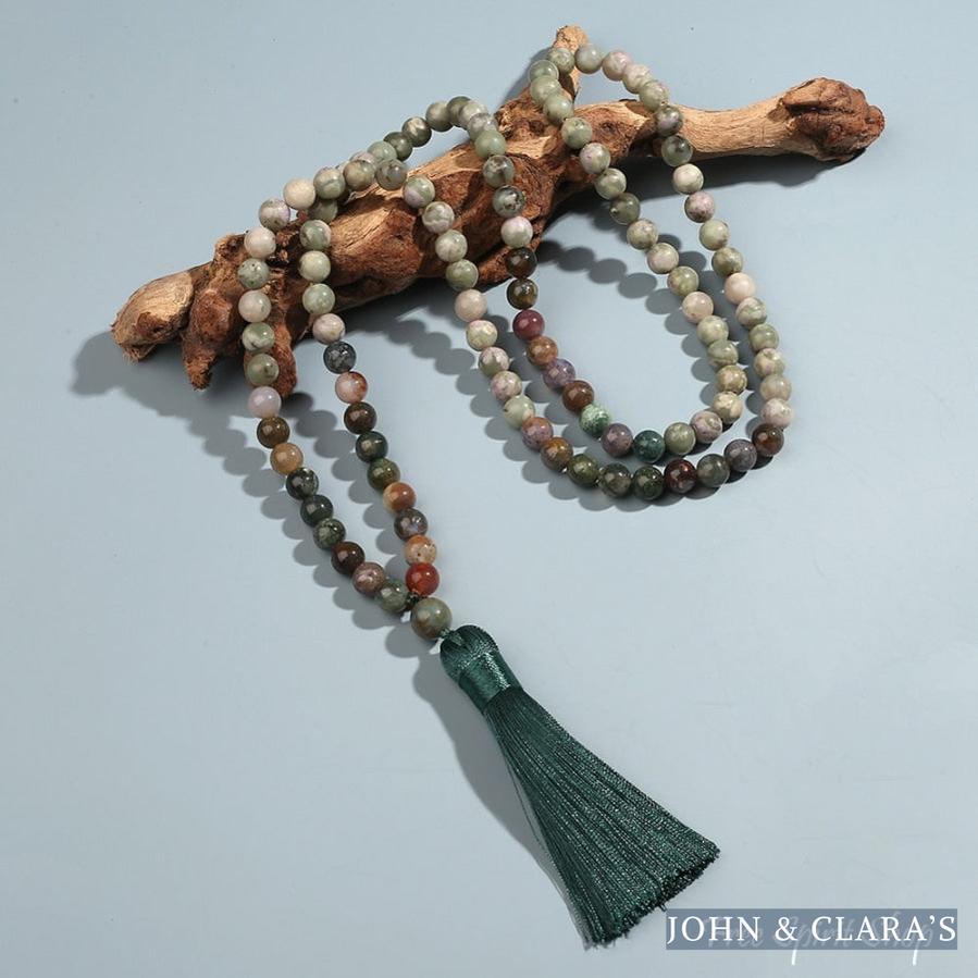 108 Natural Indian Agate & Green Jade Mala Bead Necklace & Bracelet