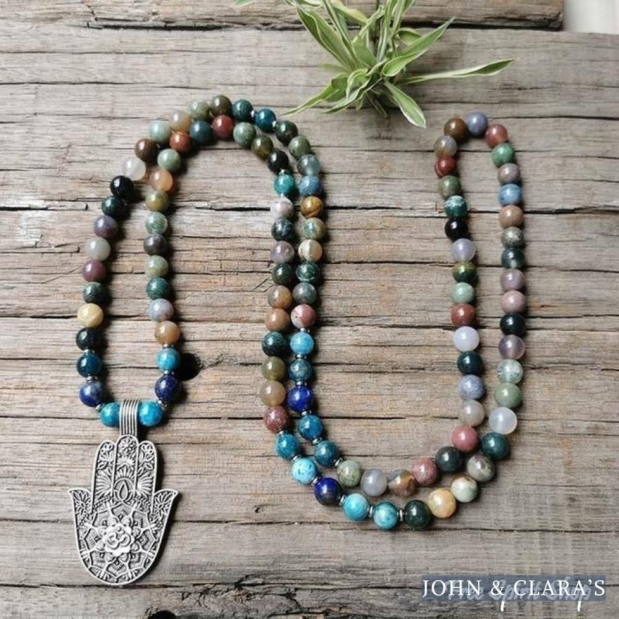 108 Natural Indian Onyx & Blue Apatite Mala Bead Necklace / Bracelet