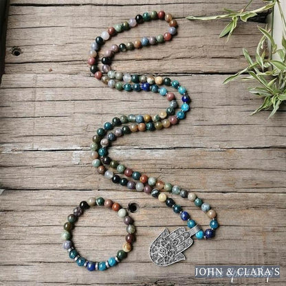 108 Natural Indian Onyx & Blue Apatite Mala Bead Necklace / Bracelet