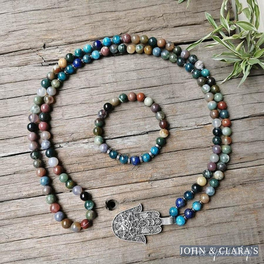 108 Natural Indian Onyx & Blue Apatite Mala Bead Necklace / Bracelet
