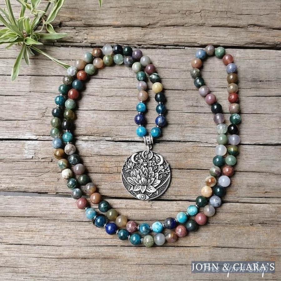 108 Natural Indian Onyx & Blue Apatite Mala Bead Necklace / Bracelet