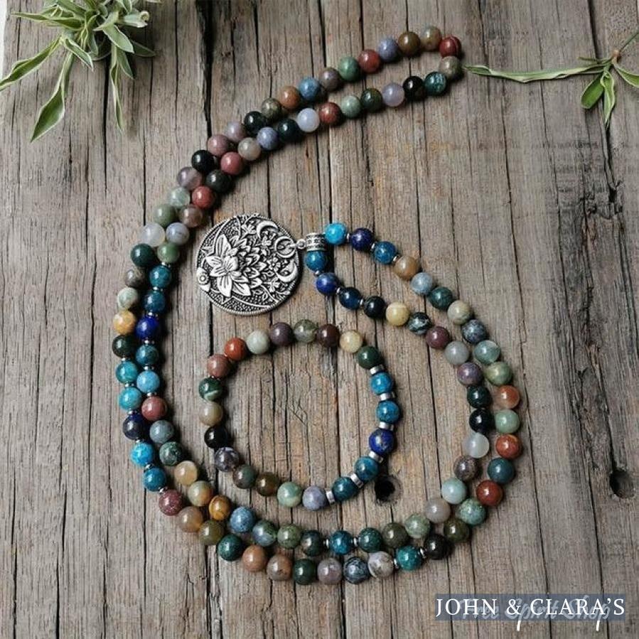 108 Natural Indian Onyx & Blue Apatite Mala Bead Necklace / Bracelet