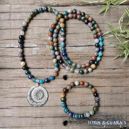 108 Natural Indian Onyx & Blue Apatite Mala Bead Necklace / Bracelet
