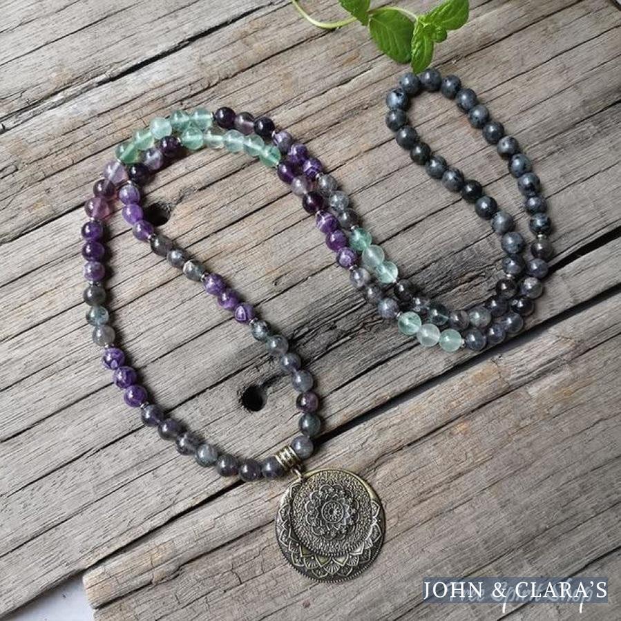 108 Natural Labradorite Fluorite & Amethyst Mala Bead Necklace / Bracelet