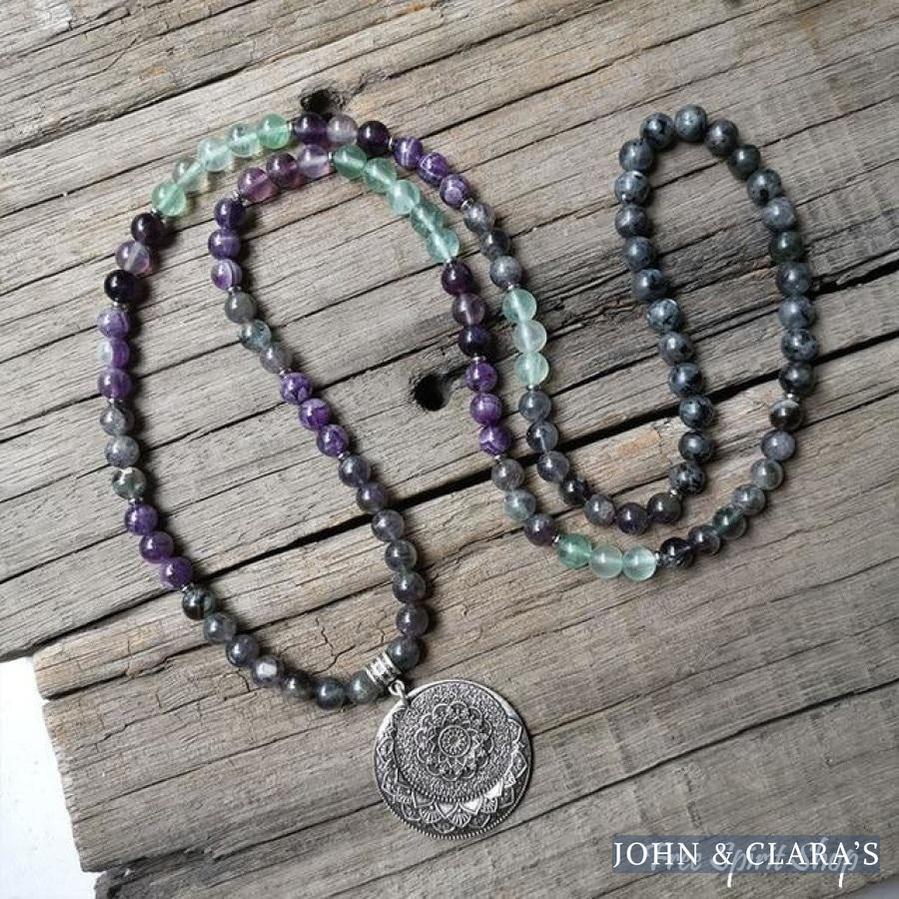 108 Natural Labradorite Fluorite & Amethyst Mala Bead Necklace / Bracelet