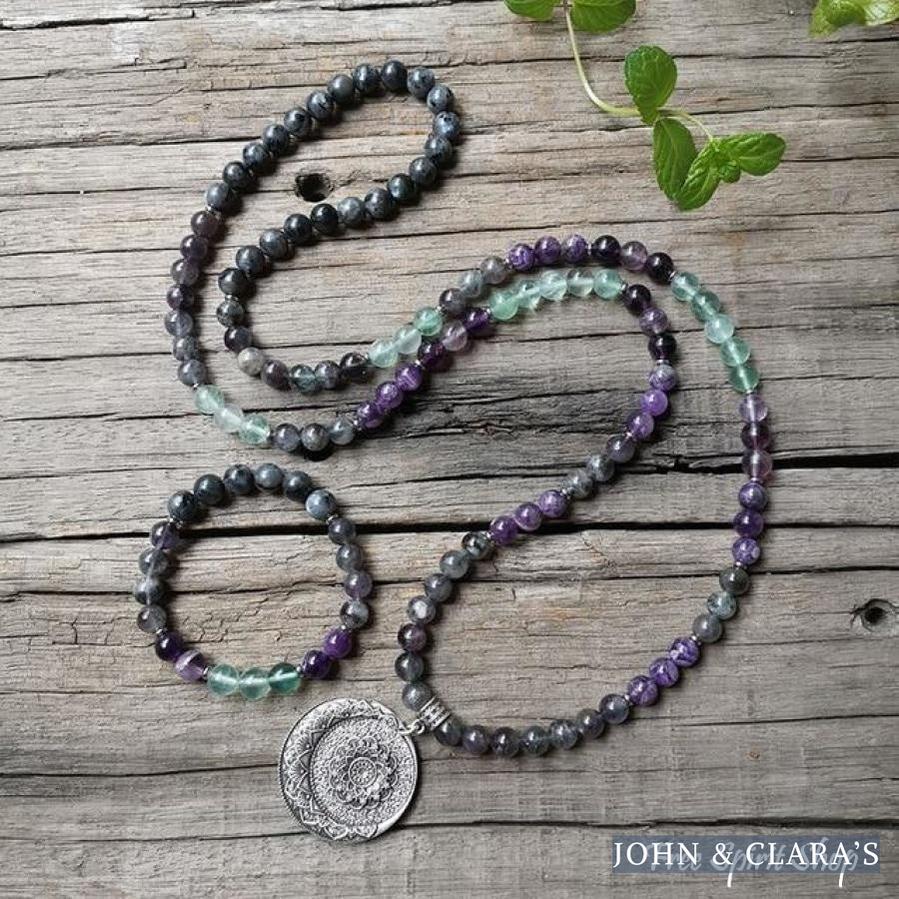 108 Natural Labradorite Fluorite & Amethyst Mala Bead Necklace / Bracelet