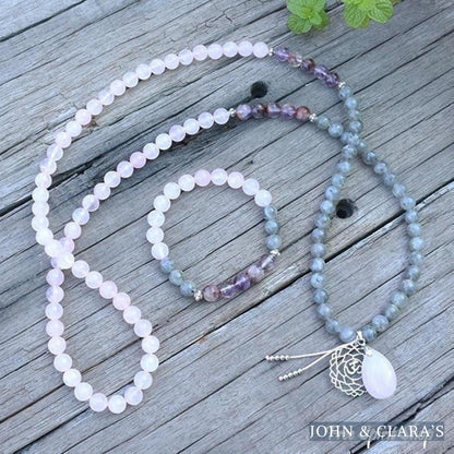 108 Natural Labradorite White Jade and Amethyst Mala Beads Necklace / Bracelet