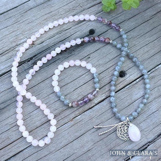 108 Natural Labradorite White Jade and Amethyst Mala Beads Necklace / Bracelet